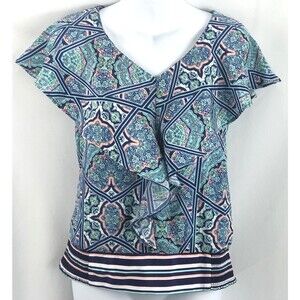 NWOT Attention Silky Top XS Blue Geo Flutter Sleeve Smocked 2000s Boho Hippie
